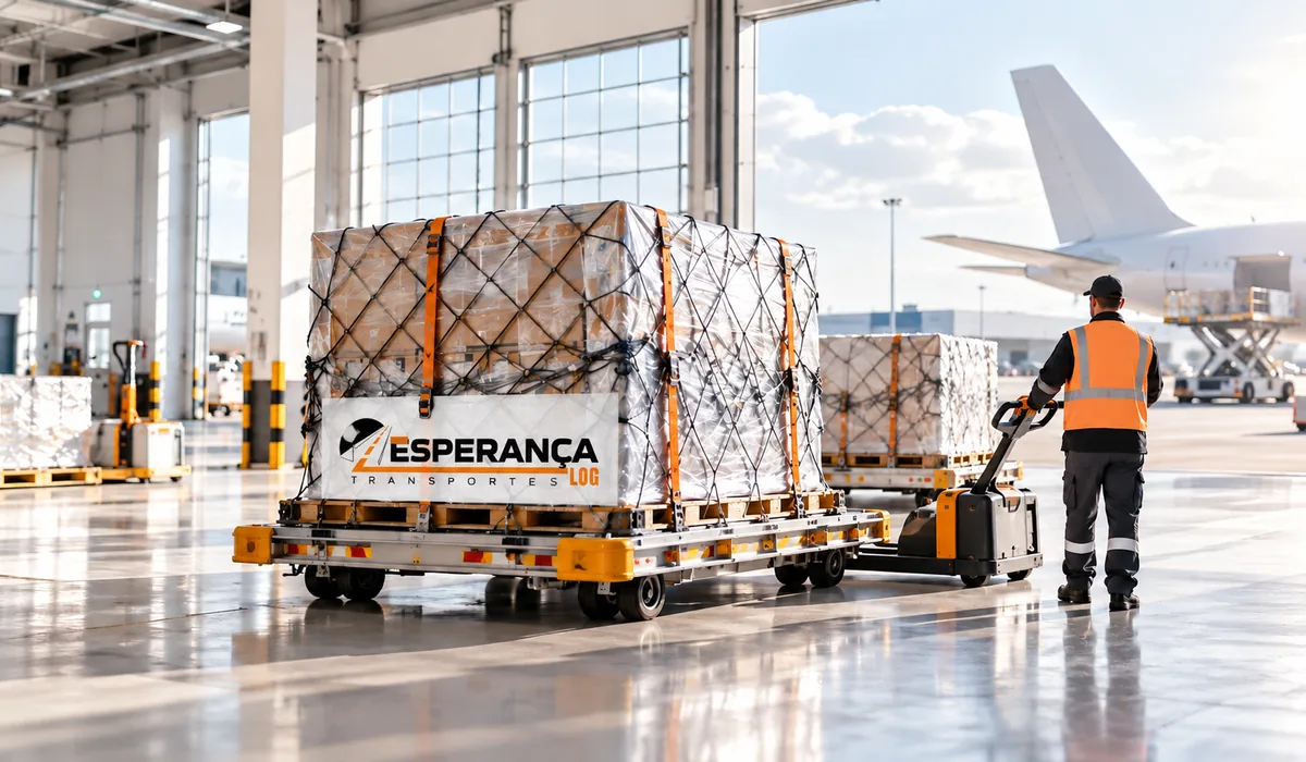 Cena ilustrativa de carga paletizada em terminal aéreo, com aeronave genérica ao fundo